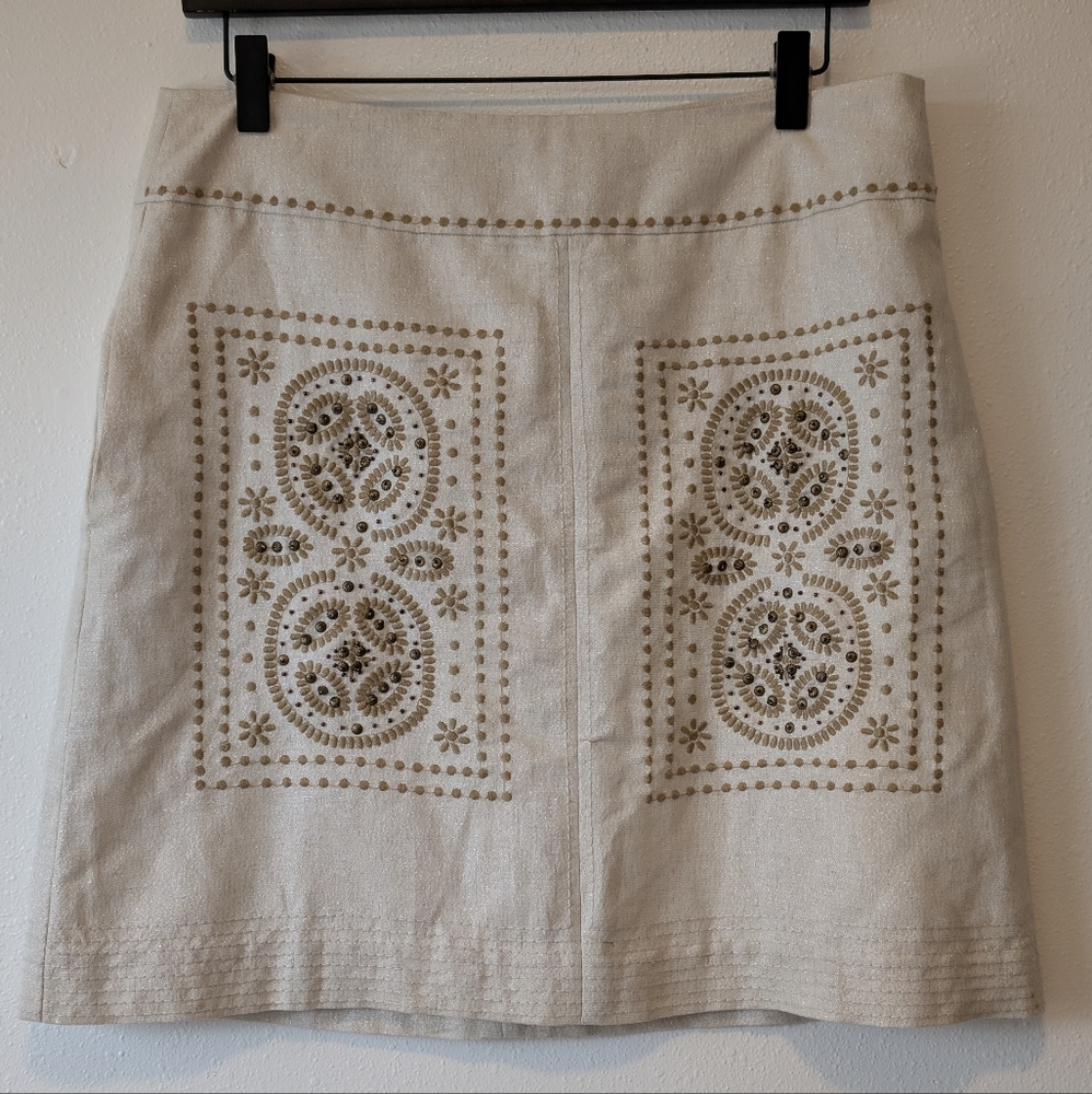 Floreat By Anthropologie Cream Linen Embroidered Mini Skirt